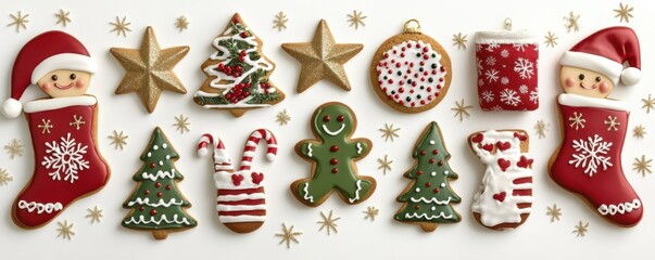 Festive collection of Christmas-themed cookies including stars and snowflakes with a jolly atmosphere