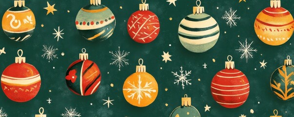 Festive Christmas pattern featuring vintage ornaments with classic holiday charm on a green backdrop