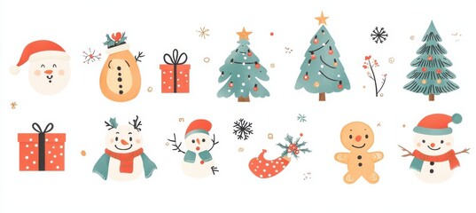 Obraz premium Cute Christmas illustrations featuring festive elements like snowmen, Christmas trees, and gift boxes showcasing holiday cheer