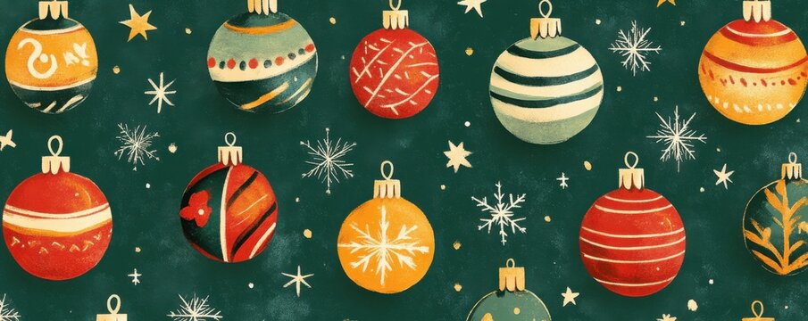 Festive Christmas pattern featuring vintage ornaments with classic holiday charm on a green backdrop