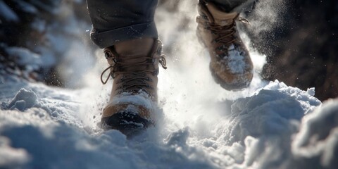 Close-up of rugged brown hiking boots with orange laces stepping through deep snow, pants dusted white in overcast blizzard. Intrepid winter trekking journey, solitary snowy wilderness exploration.
