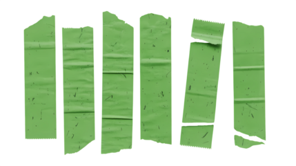 ​A collage-style image where five vertical green tapes intersect a horizontal ribbon.