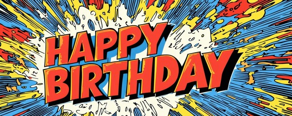 Comic book style happy birthday text with vibrant colors and effects