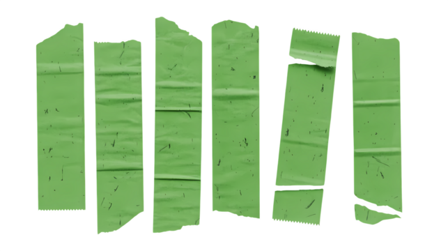 ​A collage-style image where five vertical green tapes intersect a horizontal ribbon.
