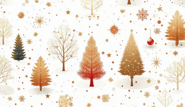Festive Christmas pattern featuring gold and red trees with snowflakes and stars on a white background - Powered by Adobe