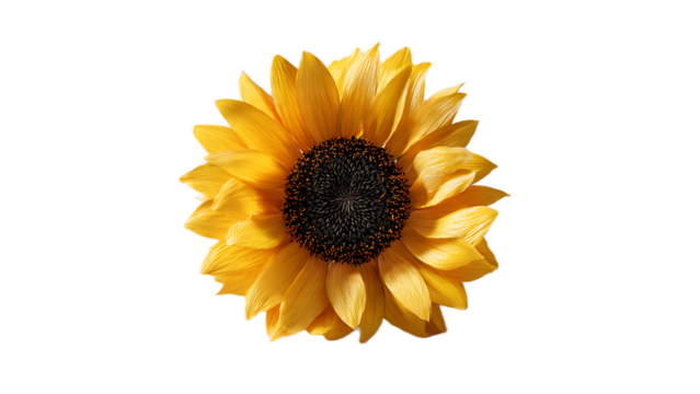 A close up shot of a bright yellow sunflower with a dark center on a stark black background view