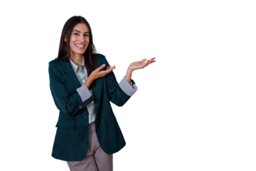 Happy businesswoman presenting, showing empty space for product or text with a welcoming gesture, transparent background