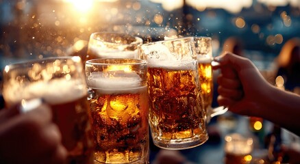 Group of friends drink cold beer from mugs at an outdoor bar at sunset