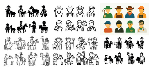 Naklejka premium Diverse animal and farmer icon set