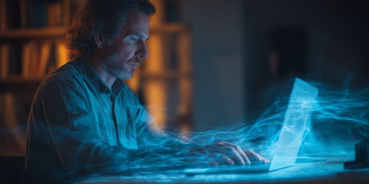 Bearded man in glasses types on laptop with flowing holographic AI code data streams. Intense futuristic coding, innovative AI collaboration tech vibe.