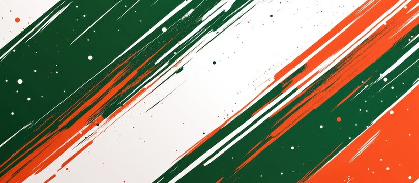 Dynamic abstract design featuring green and orange diagonal stripes with splatters, creating a vibrant and energetic composition