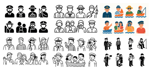 Nautical icons featuring diverse sailors and captains