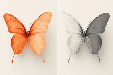 Obraz premium Minimalistic artistic illustration of vibrant orange and monochrome butterflies