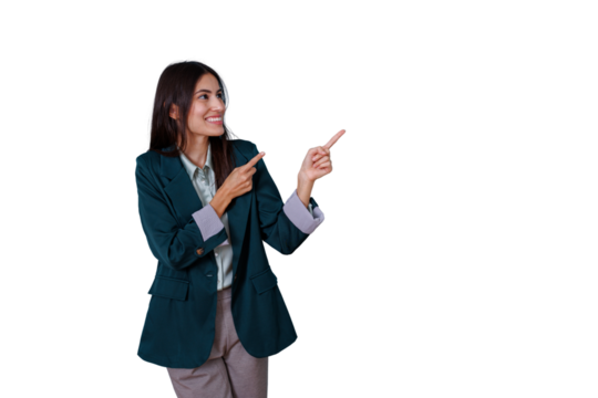 Businesswoman smiling, pointing fingers presenting direction, showing opportunities, transparent background