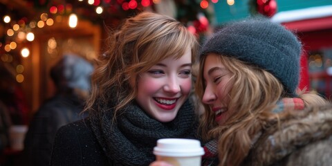 Two young women smiling and chatting over takeaway coffee at a festive Christmas market. A candid moment of winter joy and friendship.