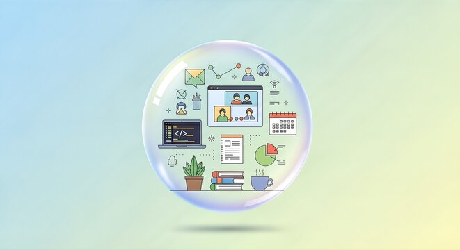Digital Workspace Concept: Icons Inside a Transparent Bubble, Modern Design.