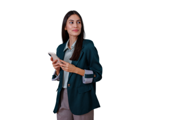 Professional woman using mobile phone, looking away with thoughtful expression on transparent background