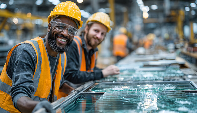 Two factory workers assemble aluminium window frames. One man wears hard hat glasses, safety vest smiling for camera. Worker checks glass pane in workshop. Production line creates building materials.