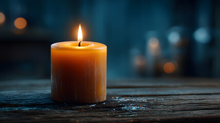 burning church candle in front of a wooden background isolated over elegant, minimalistic navy blue empty interior; all saints day concept