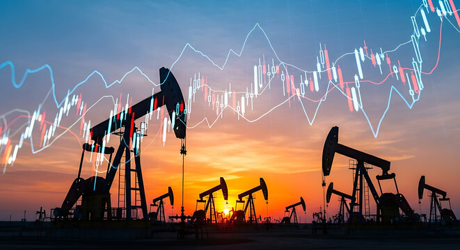 Oil pump jacks silhouette against a vibrant sunset sky with overlaid stock market chart, symbolizing energy market trends