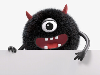 Fluffy, cute monster holds a blank sign, symbolizes information and advertising display. 3D rendering, conceptual image. Isolated on white background.