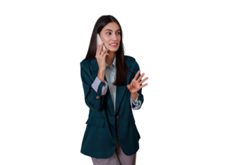 Businesswoman talking on smartphone, making a gesture, communicating professionally, working remotely, transparent background