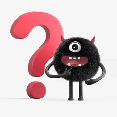 Fluffy, cute monster beside a question mark, symbolizing inquiry or curiosity. 3D rendering, conceptual image. Isolated on white background.