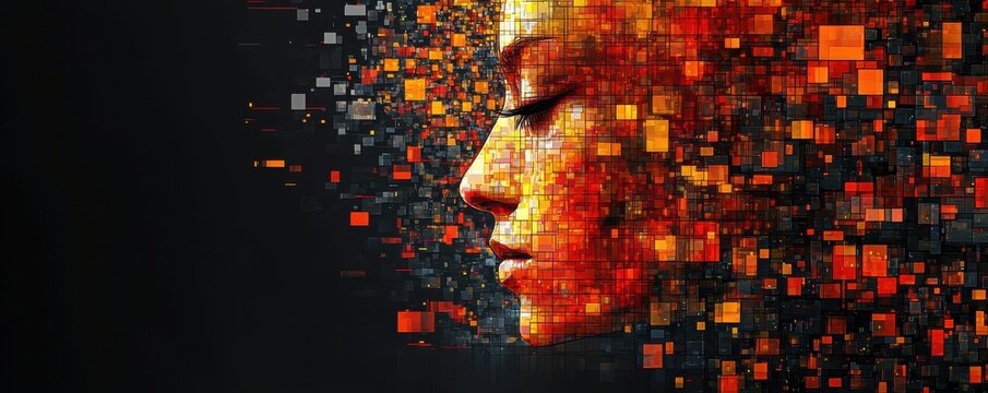 Abstract digital art with vibrant squares forming human profile - Powered by Adobe