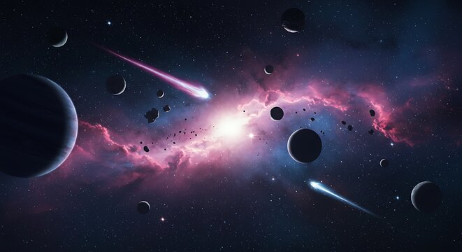 Cosmic illustration showing planets, comets, asteroid fields, and nebulas in deep space
