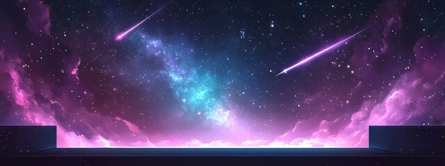 Starry night sky with purple and blue hues and shooting stars