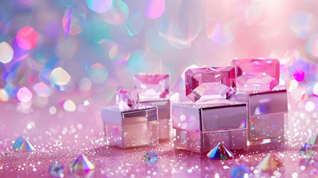 Pink Gemstones and Glittering Crystals on Sparkling Surfaces with Bokeh Background