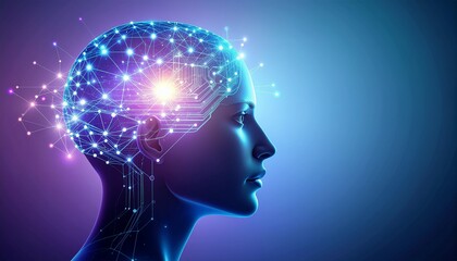Digital illustration of a human head in profile with a glowing brain full of connections and nodes on a gradient purple and blue background.
