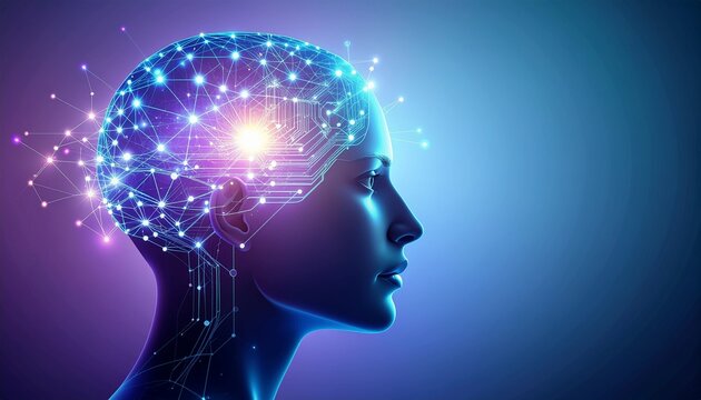 Digital illustration of a human head in profile with a glowing brain full of connections and nodes on a gradient purple and blue background.
