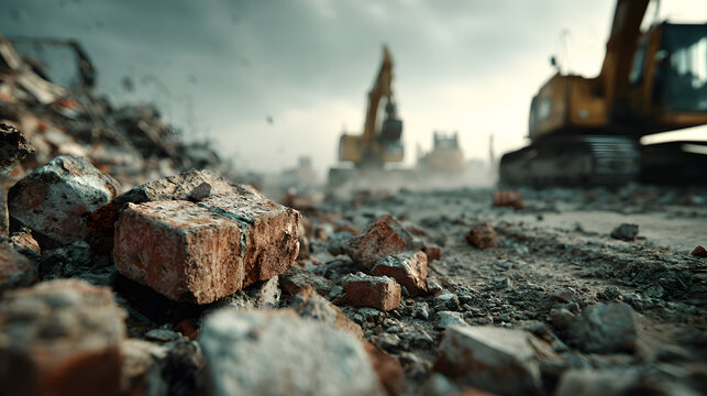 Debris from a building demolition includes broken bricks and other materials. Heavy machinery is in the background, suggesting ongoing construction or demolition activity. - Powered by Adobe