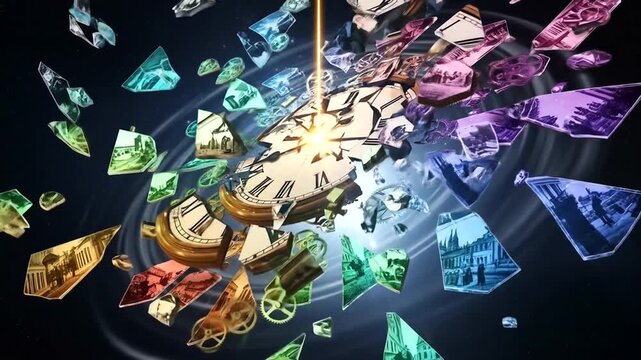 A vibrant explosion of colorful crystals and clock elements swirling in a cosmic backdrop