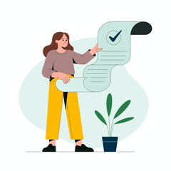 This illustration portrays a young woman confidently presenting a scroll, symbolizing achievement, motivation, and success, ideal for inspirational and educational themes.