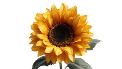 Isolated sunflower with yellow petals and dark center on a black background in full bloom view