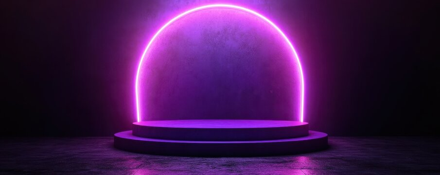 Modern purple neon arch on a futuristic platform