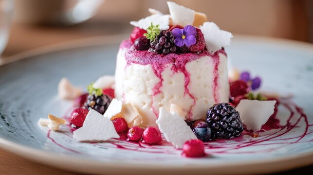 Vanilla pudding with berry foam, meringue and fresh berries