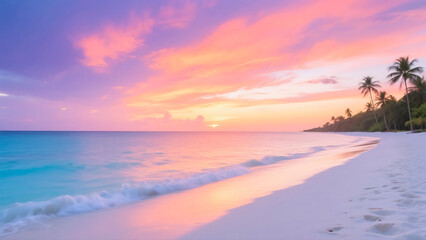 Tropical beach at sunrise with pastel sky and turquoise ocean image