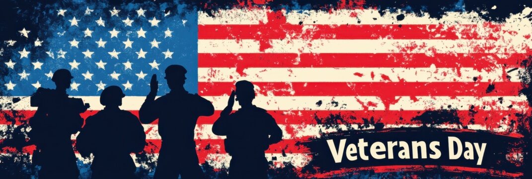 Veterans Day tribute with American flag and soldier silhouettes