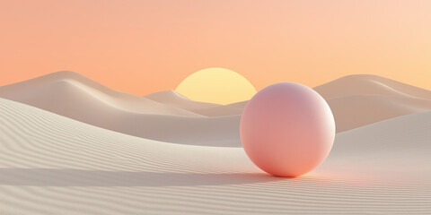 Smooth pink sphere resting on soft sand dunes beneath warm sunset sky creating surreal minimalist landscape with pastel tones.