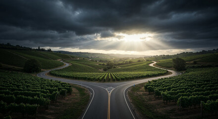 Fototapeta premium Road Through Tuscany-Style Vineyard Hills Aerial Photography