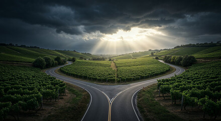 Fototapeta premium Road Through Tuscany-Style Vineyard Hills Aerial Photography