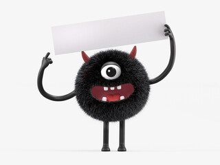 Fluffy, cute monster holds a blank sign, symbolizes information and advertising display. 3D rendering, conceptual image. Isolated on white background.