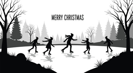 Merry christmas greeting with silhouette of people ice skating on a frozen lake surrounded by winter forest trees