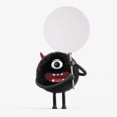 Fluffy, cute monster holds a blank sign, symbolizes information and advertising display. 3D rendering, conceptual image. Isolated on white background.