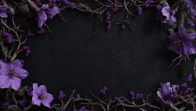 Enchanting purple floral border frames dark textured background creating a mysterious and elegant design for invitations or banners