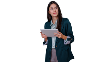 Businesswoman holding tablet, looking away in a professional and confident pose, standing, using technology for work with transparent background