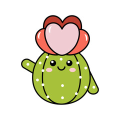 Cute cactus with heart shaped flower and smiling face